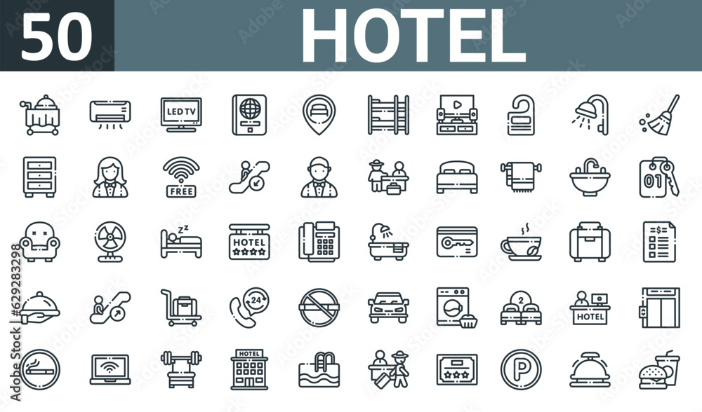 set of 50 outline web hotel icons such as room service, air conditioner, led, passport, location, bunk bed, home theater vector thin icons for report, presentation, diagram, web design, mobile app. set of 50 outline web hotel icons such as room service, air conditioner, led, passport, location, bunk bed, home theater vector thin icons for report, presentation, diagram, web design, mobile app.