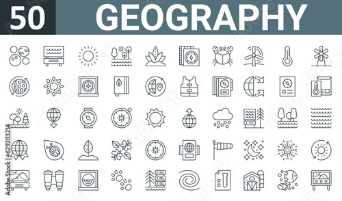 set of 50 outline web geography icons such as planets, park, sunshine, lake, aloe vera, map, crab vector thin icons for report, presentation, diagram, web design, mobile app.