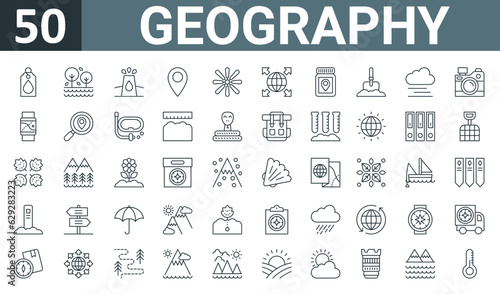 set of 50 outline web geography icons such as tag, trees, dam, pin, windmill, worldwide, medicine vector thin icons for report, presentation, diagram, web design, mobile app.