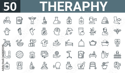 set of 50 outline web theraphy icons such as radiation, medical prescription, exercise, candle, chemical, honey, hot water bottle vector thin icons for report, presentation, diagram, web design,