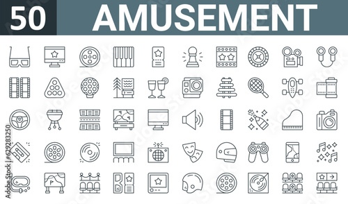 set of 50 outline web amusement icons such as d glasses, monitor, film reel, piano, ticket, pawn, film vector thin icons for report, presentation, diagram, web design, mobile app.