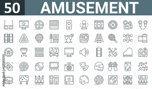 set of 50 outline web amusement icons such as d glasses, monitor, film reel, piano, ticket, pawn, film vector thin icons for report, presentation, diagram, web design, mobile app.