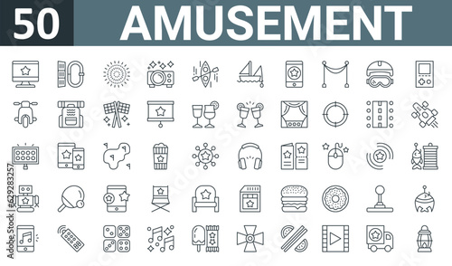 set of 50 outline web amusement icons such as monitor, carabiner, fireworks, projector, kayak, sailing boat, smartphone vector thin icons for report, presentation, diagram, web design, mobile app.
