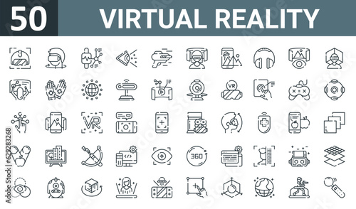 set of 50 outline web virtual reality icons such as head, rotation, smartwatch, vision, gun, virtual reality, augmented reality vector thin icons for report, presentation, diagram, web design,