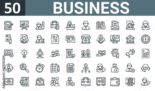 set of 50 outline web business icons such as note, presentation, promoted, business trip, working, businessman, schedule vector thin icons for report, presentation, diagram, web design, mobile app.