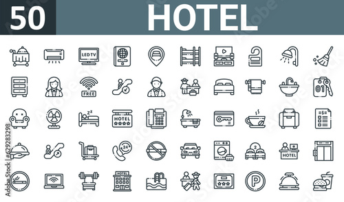set of 50 outline web hotel icons such as room service, air conditioner, led, passport, location, bunk bed, home theater vector thin icons for report, presentation, diagram, web design, mobile app.