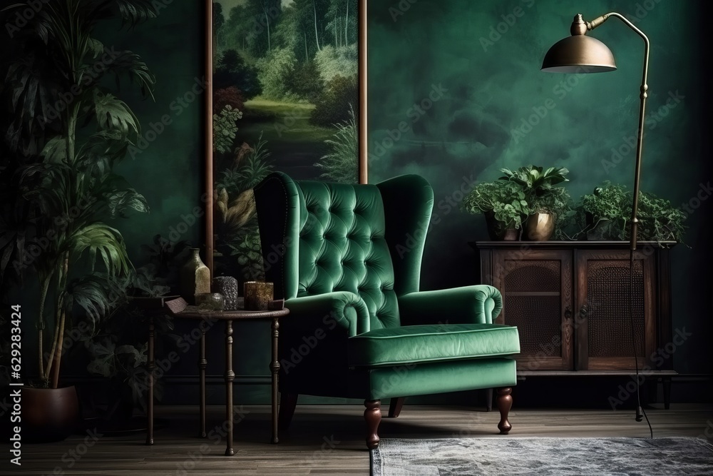 Green velvet armchair in dark room with green wall and floor lamp. Generative AI.