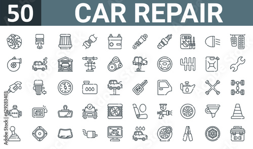 set of 50 outline web car repair icons such as brake disc, piston, air filter, safety seat, battery, damper, spark plug vector thin icons for report, presentation, diagram, web design, mobile app.