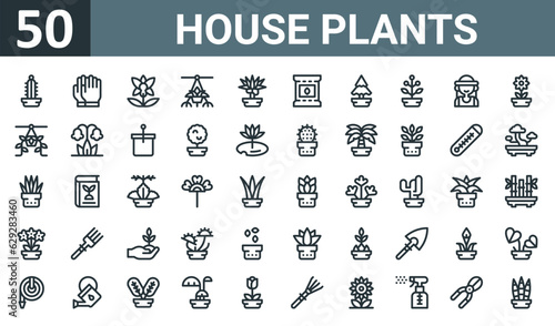 set of 50 outline web house plants icons such as cactus, gloves, orchid, plant, plant, seed bag, pine vector thin icons for report, presentation, diagram, web design, mobile app.