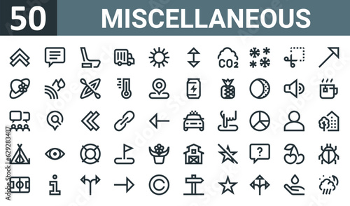 set of 50 outline web miscellaneous icons such as up chevron, chat, ice hockey, truck, sun, double arrow, co vector thin icons for report, presentation, diagram, web design, mobile app.