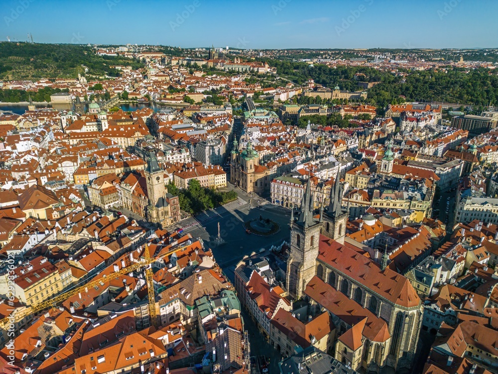 The drone aerial view old town square of Prague at sunrise, Czech.