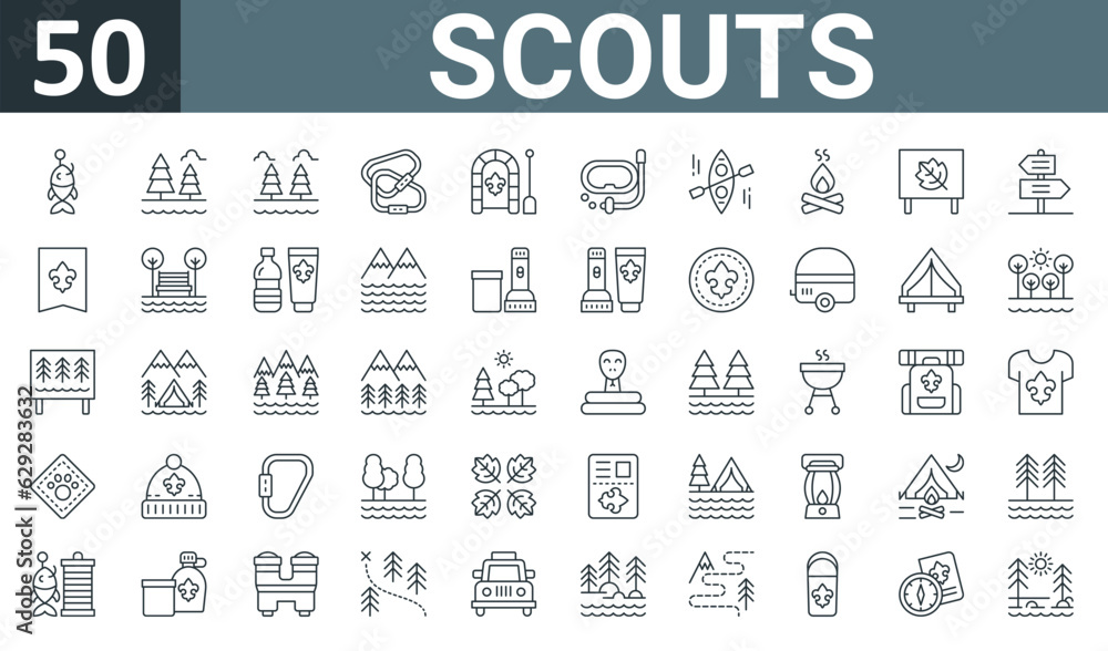 set of 50 outline web scouts icons such as fishhook, outdoors, forest, carabiner, raft, snorkel, kayak vector thin icons for report, presentation, diagram, web design, mobile app.