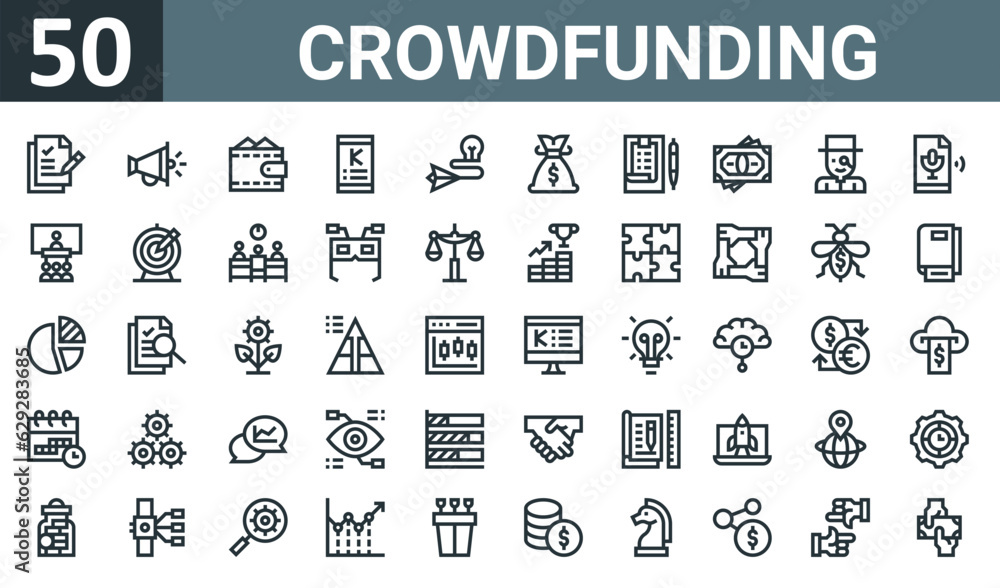 set of 50 outline web crowdfunding icons such as contract, megaphone, purse, kickstarter, idea, money bag, check list vector thin icons for report, presentation, diagram, web design, mobile app.