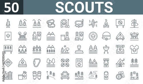 set of 50 outline web scouts icons such as fishhook, outdoors, forest, carabiner, raft, snorkel, kayak vector thin icons for report, presentation, diagram, web design, mobile app.