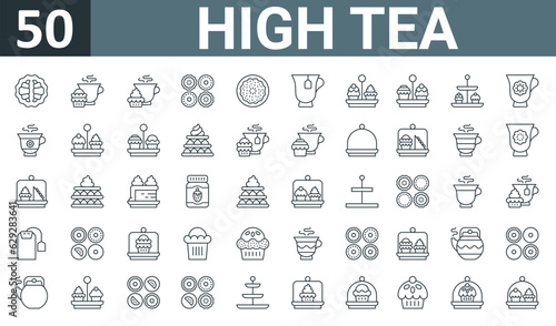 set of 50 outline web high tea icons such as croissant, teacup, tea, pie, pie, teacup, tea stand vector thin icons for report, presentation, diagram, web design, mobile app.