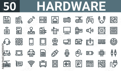 set of 50 outline web hardware icons such as diskette, music player, remote control, server, ethernet, quality, projector vector thin icons for report, presentation, diagram, web design, mobile app.