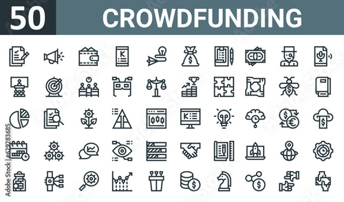 set of 50 outline web crowdfunding icons such as contract, megaphone, purse, kickstarter, idea, money bag, check list vector thin icons for report, presentation, diagram, web design, mobile app.