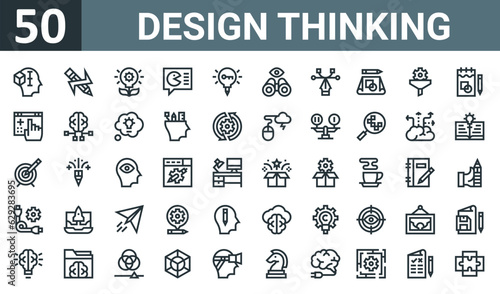 set of 50 outline web design thinking icons such as imagination, innovation, process, feedback, key, observation, vector thin icons for report, presentation, diagram, web design, mobile app.