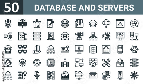 set of 50 outline web database and servers icons such as fast processing, hotspot, data storage, mobile, data, network, sync vector thin icons for report, presentation, diagram, web design, mobile