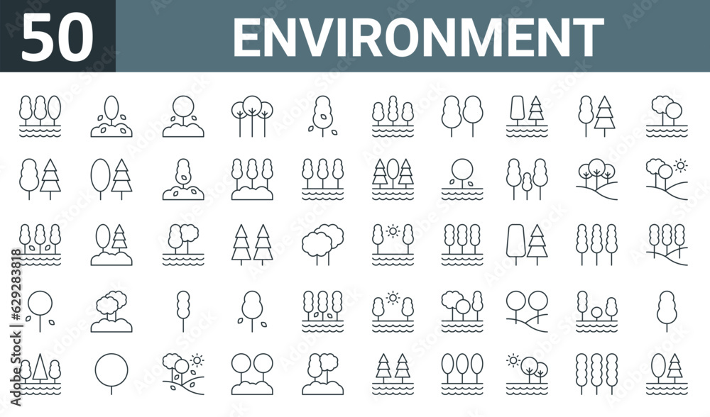 set of 50 outline web environment icons such as tree, tree, tree, vector thin icons for report, presentation, diagram, web design, mobile app.