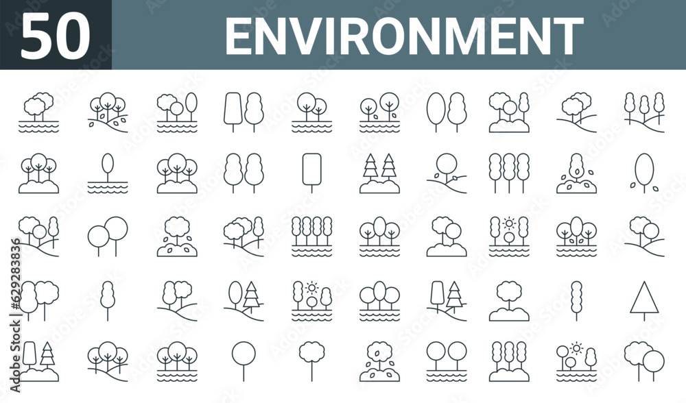 set of 50 outline web environment icons such as tree, tree, tree, vector thin icons for report, presentation, diagram, web design, mobile app.