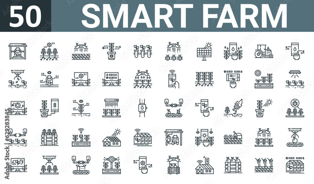 set of 50 outline web smart farm icons such as milking, farming, drone, smart farm, research, pest, solar energy vector thin icons for report, presentation, diagram, web design, mobile app.