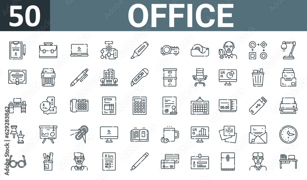 set of 50 outline web office icons such as clipboard, portfolio, laptop, workflow, marker, projector, tape vector thin icons for report, presentation, diagram, web design, mobile app.
