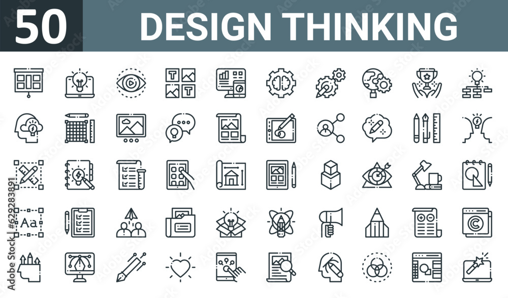 set of 50 outline web design thinking icons such as storyboard, laptop, eye, layout, analytics, think, gears vector thin icons for report, presentation, diagram, web design, mobile app.