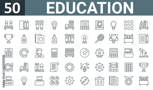 set of 50 outline web education icons such as chess, pencil case, paint tube, idea, bookshelf, laptop, picture vector thin icons for report, presentation, diagram, web design, mobile app.
