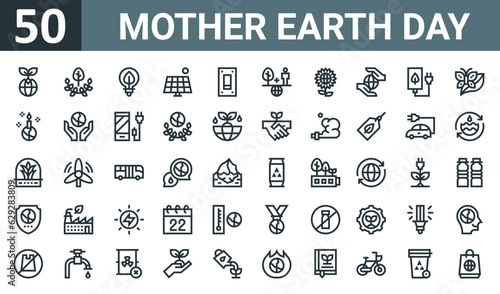 set of 50 outline web mother earth day icons such as earth, tree, light bulb, solar panel, switch, balance, flower vector thin icons for report, presentation, diagram, web design, mobile app.