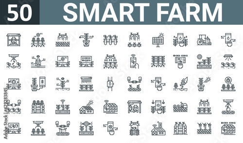 set of 50 outline web smart farm icons such as milking, farming, drone, smart farm, research, pest, solar energy vector thin icons for report, presentation, diagram, web design, mobile app.