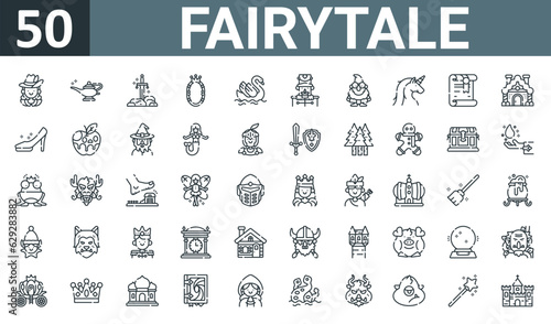 set of 50 outline web fairytale icons such as musketeer, magic lamp, excalibur, magic mirror, swan, nutcracker, gnome vector thin icons for report, presentation, diagram, web design, mobile app.