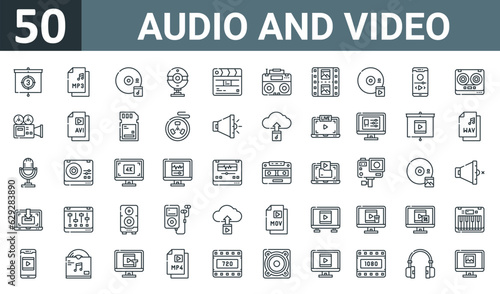 set of 50 outline web audio and video icons such as countdown, mp, cd, webcam, movie, radio, picture vector thin icons for report, presentation, diagram, web design, mobile app.