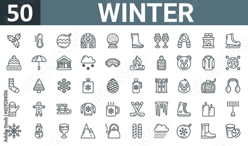 set of 50 outline web winter icons such as mistletoe, thermometer, bauble, igloo, snow globe, rain boots, champagne vector thin icons for report, presentation, diagram, web design, mobile app.
