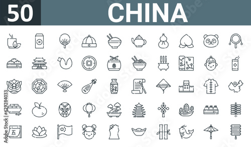 set of 50 outline web china icons such as tea, envelope, fan, hat, rice, teapot, calabash vector thin icons for report, presentation, diagram, web design, mobile app.