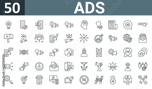 set of 50 outline web ads icons such as light bulb, mobile, mobile, ads, ads, public relation, idea vector thin icons for report, presentation, diagram, web design, mobile app.
