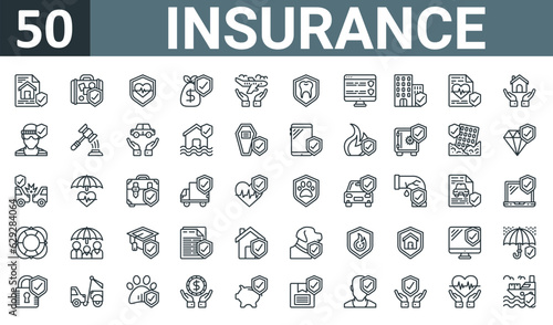 set of 50 outline web insurance icons such as home insurance, travel insurance, life money bag, travel vector thin icons for report, presentation, diagram, web design, mobile app.