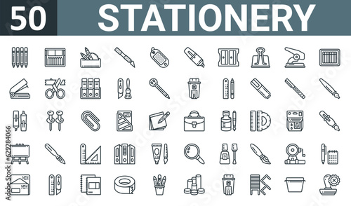 set of 50 outline web stationery icons such as pencil, post it, pencil case, cutter, key ring, highlight, sharpener vector thin icons for report, presentation, diagram, web design, mobile app.