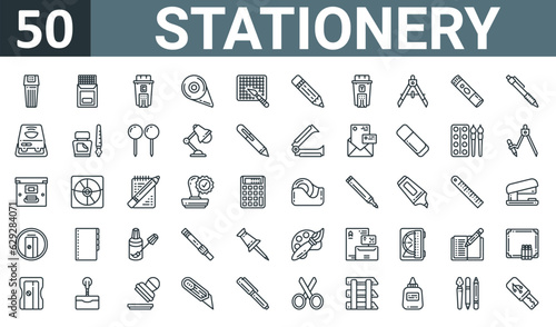 set of 50 outline web stationery icons such as cartridge, cutting mat, ink, cutter, cutting mat, pencil, ink vector thin icons for report, presentation, diagram, web design, mobile app.