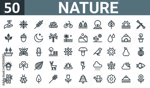 set of 50 outline web nature icons such as seed, snowflake, wheat, trunks, bike, forest, tree vector thin icons for report, presentation, diagram, web design, mobile app.