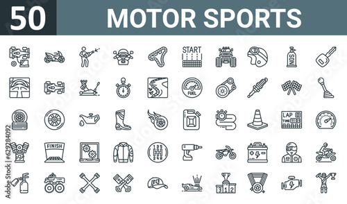 set of 50 outline web motor sports icons such as racing car  motorbike  winner  motorbike  race track  start  monster truck vector thin icons for report  presentation  diagram  web design  mobile