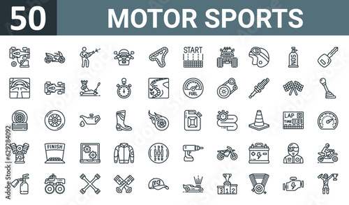 set of 50 outline web motor sports icons such as racing car, motorbike, winner, motorbike, race track, start, monster truck vector thin icons for report, presentation, diagram, web design, mobile