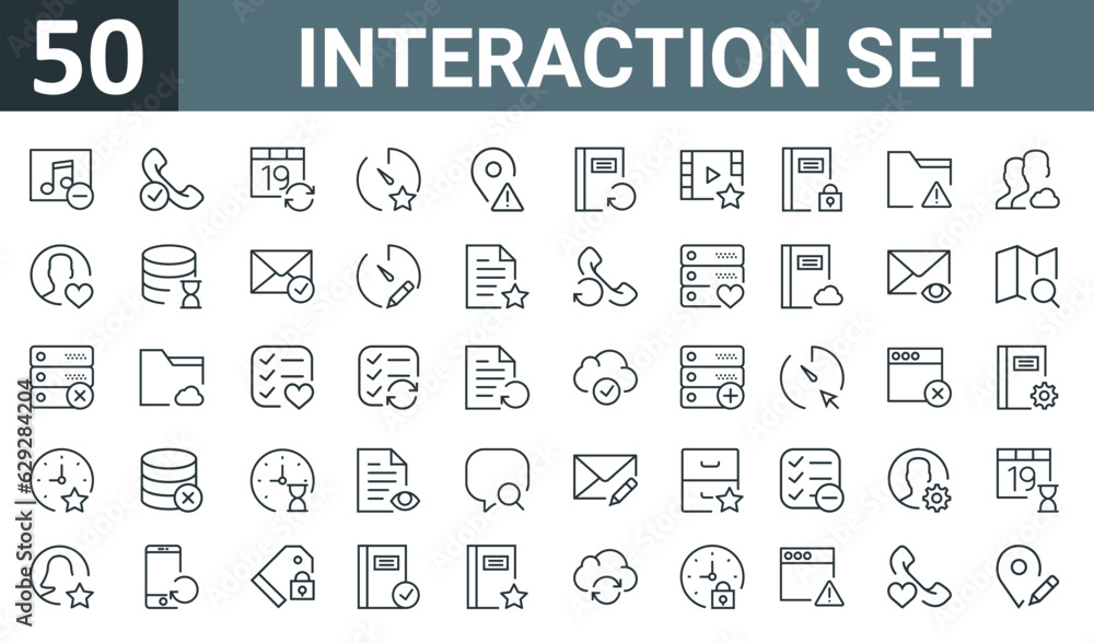 set of 50 outline web interaction set icons such as music player, phone call, calendar, stopwatch, placeholder, notebook, video player vector thin icons for report, presentation, diagram, web