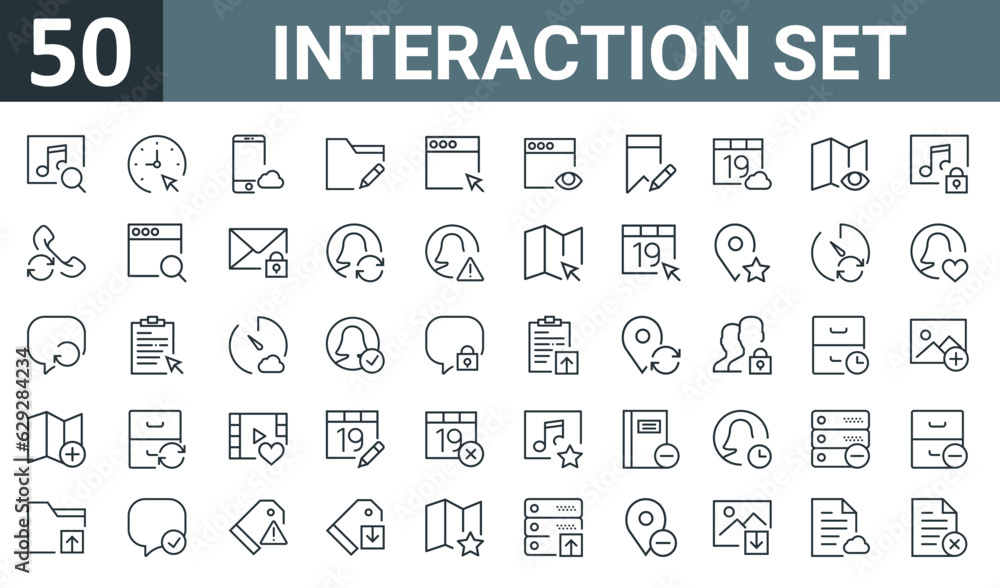 set of 50 outline web interaction set icons such as music player, , smartphone, folder, browser, browser, bookmark vector thin icons for report, presentation, diagram, web design, mobile app. set of 50 outline web interaction set icons such as music player, , smartphone, folder, browser, browser, bookmark vector thin icons for report, presentation, diagram, web design, mobile app.