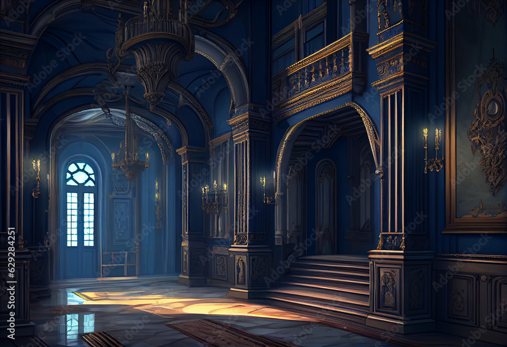 Realistic interior of a castle or palace decorated with blue gemstone and gold. AI generative.