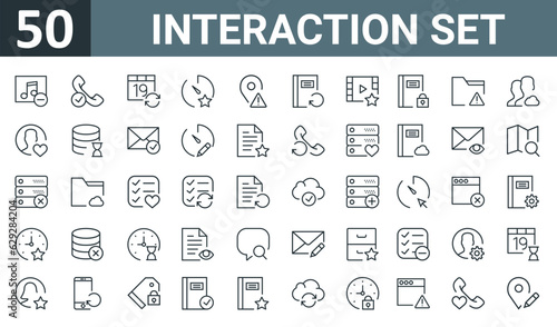 set of 50 outline web interaction set icons such as music player, phone call, calendar, stopwatch, placeholder, notebook, video player vector thin icons for report, presentation, diagram, web