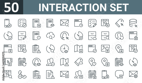 set of 50 outline web interaction set icons such as smartphone, list, notebook, notebook, mail, browser, list vector thin icons for report, presentation, diagram, web design, mobile app.