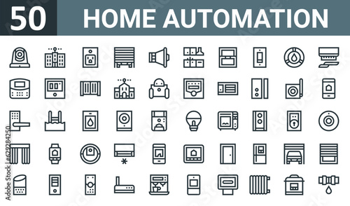 set of 50 outline web home automation icons such as cctv, building, socket, garage, megaphone, kitchen, window vector thin icons for report, presentation, diagram, web design, mobile app.