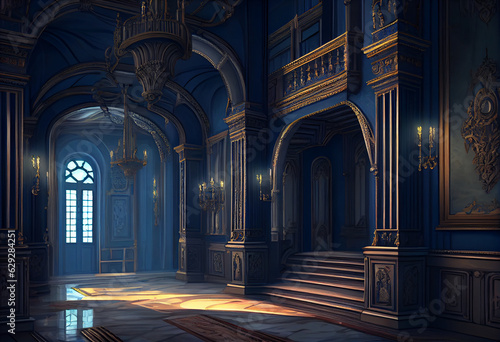 Realistic interior of a castle or palace decorated with blue gemstone and gold. AI generative.
