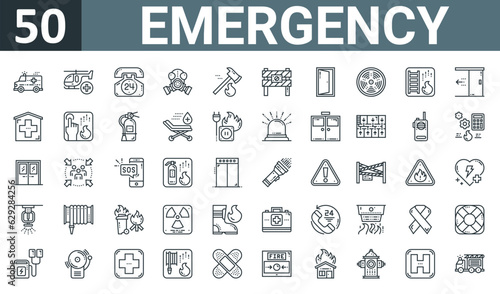 set of 50 outline web emergency icons such as ambulance, helicopter, emergency call, gas mask, axe, barrier, exit door vector thin icons for report, presentation, diagram, web design, mobile app.
